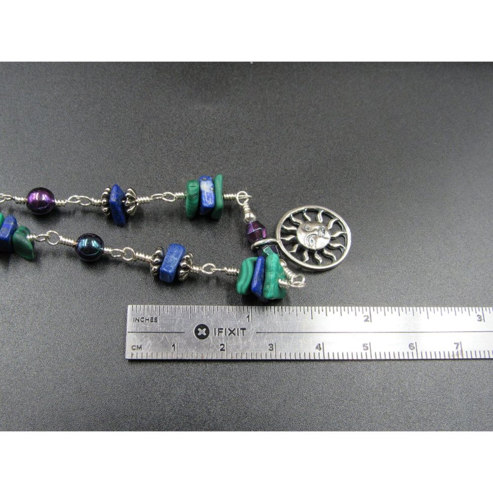20" Sterling Silver Malachite Lapis Lazuli Sun Pendant Necklace Vintage - Picture 8 of 9